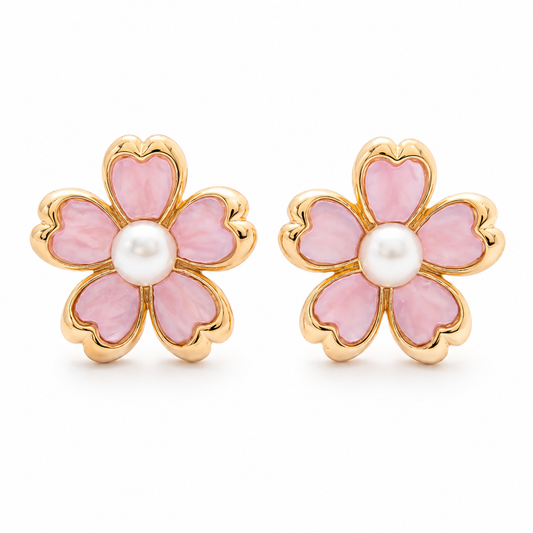 Pink Pearl Blossom Stud Earrings